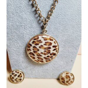 Whiting & Davis Leopard Cow Hide Print Necklace Gold Trim Clip on Earrings